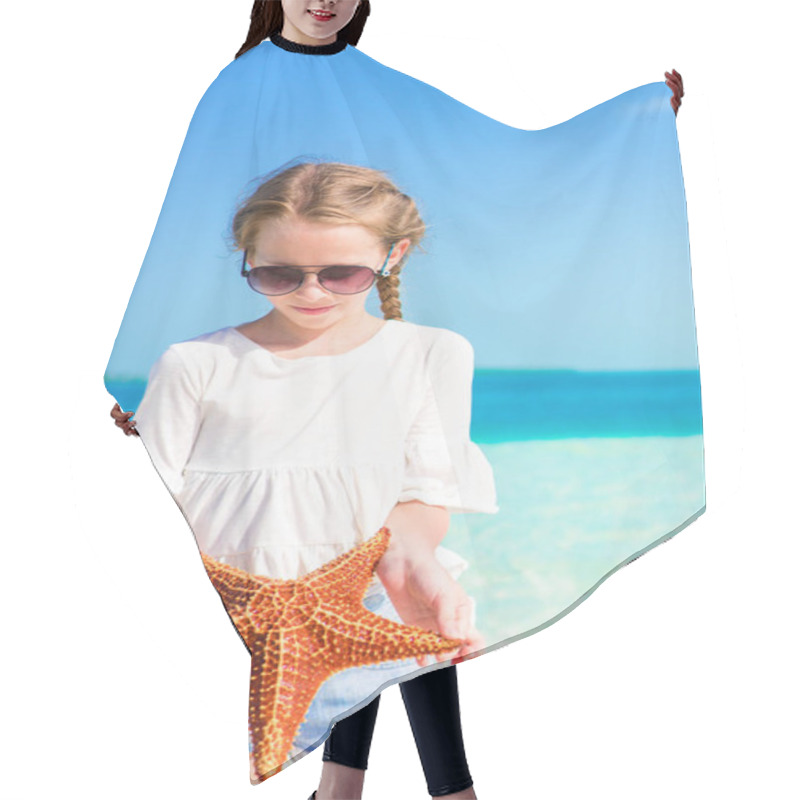 Personality  Adorable Little Girl With Starfish On White Empty Beach Hair Cutting Cape