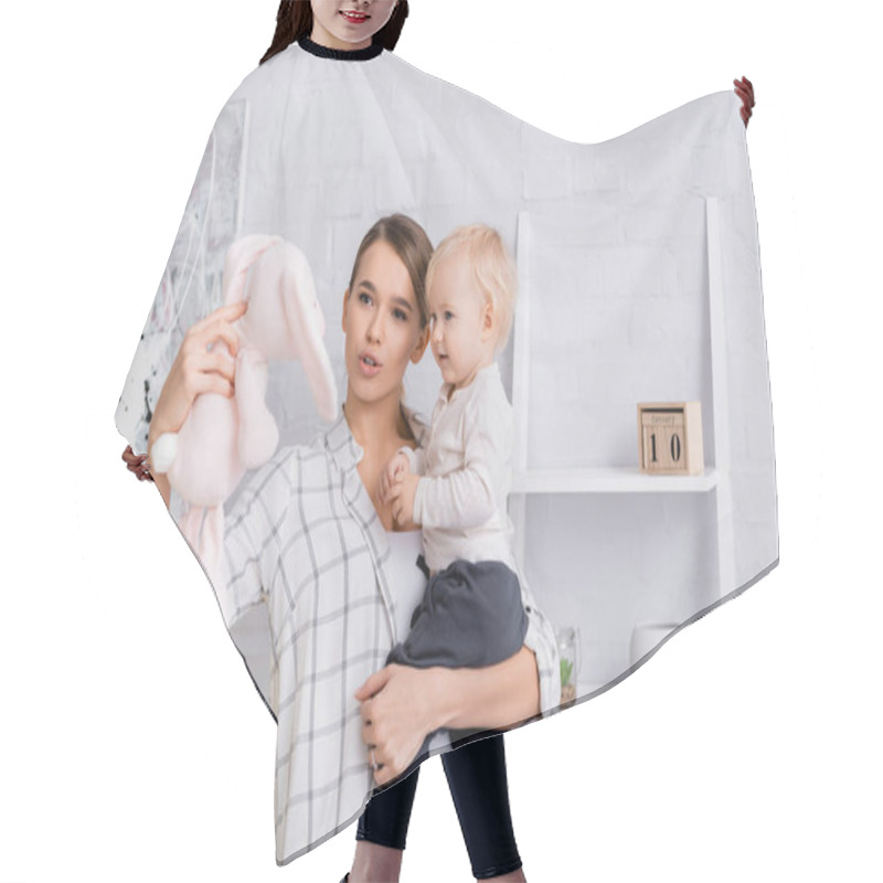 Personality  Young Mother Holding Baby Boy And Toy Bunny At Home Hair Cutting Cape