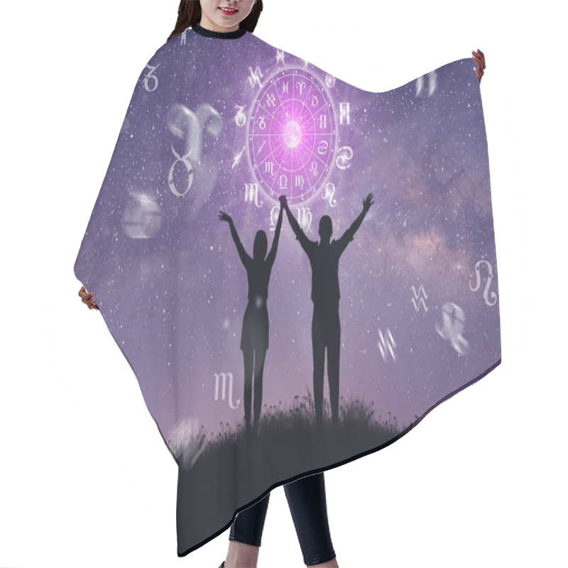 Personality  Astrological Zodiac Signs Inside Of Horoscope Circle. Couple Singing And Dancing Over The Zodiac Wheel And Milky Way Background. The Power Of The Universe Concept. Hair Cutting Cape