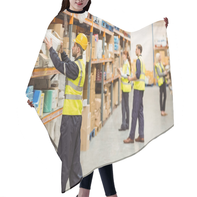 Personality  Warehouse Worker Taking Package In The Shelf Hair Cutting Cape