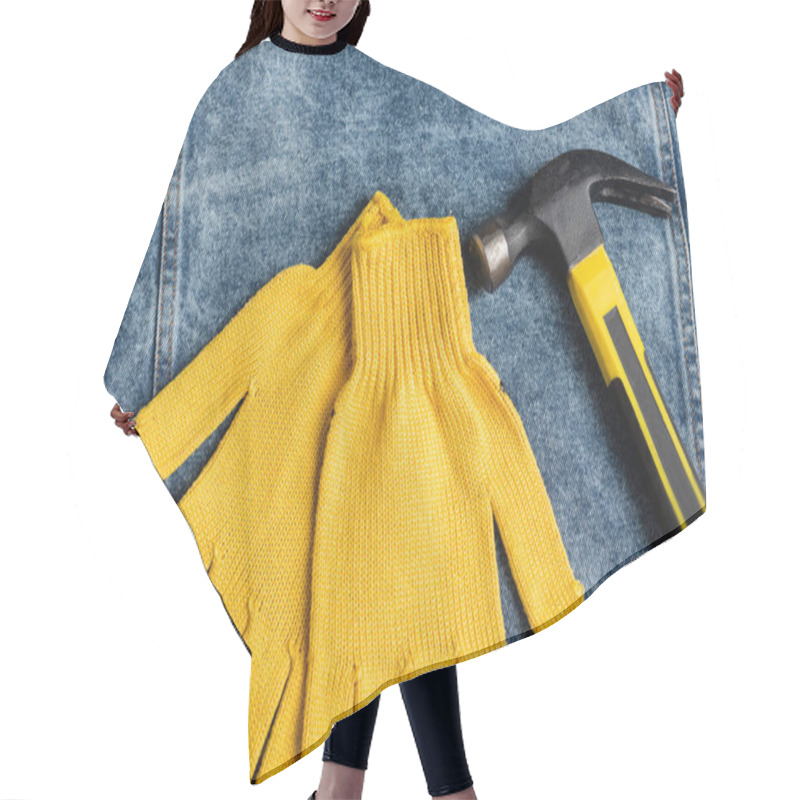 Personality  Top View Of Yellow Work Gloves Near Hammer On Blue Denim Cloth, Labor Day Concept Hair Cutting Cape