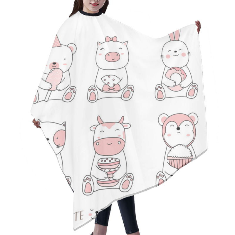 Personality  Cartoon Sketch The Cute Animals. Hand Drawn Style. Hair Cutting Cape