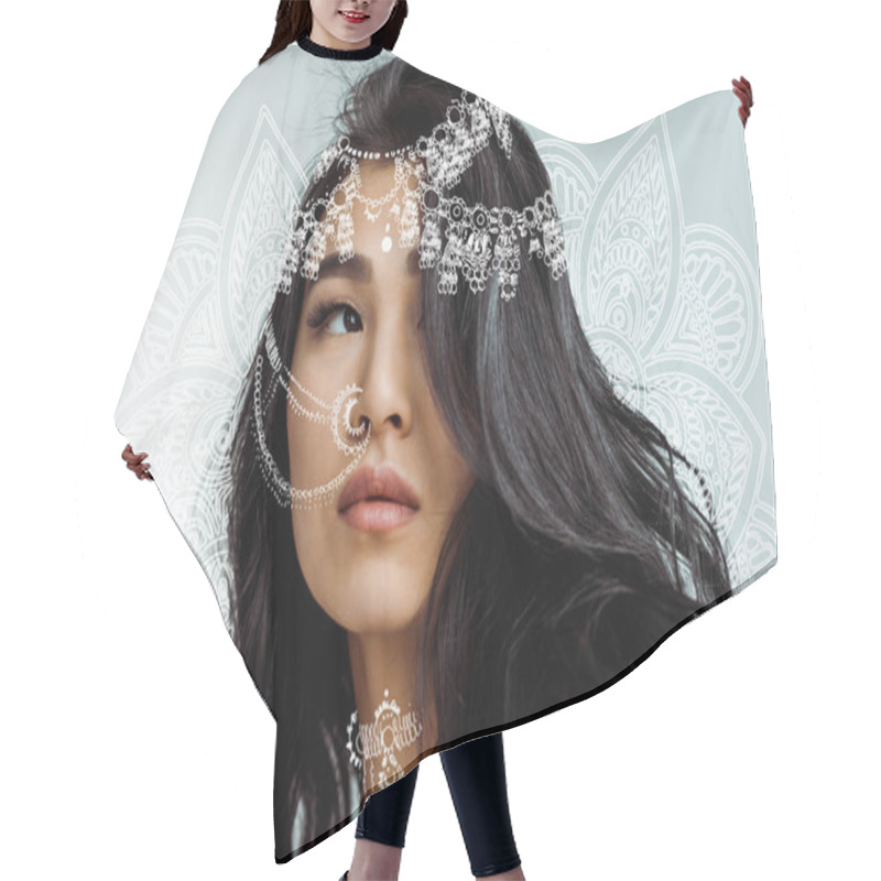 Personality  Attractive Brunette Thai Woman Near Mandala Floral Ornament  Hair Cutting Cape