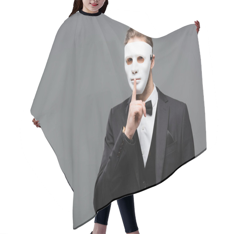 Personality  Young Businessman In Face Mask Showing Secret Gesture Isolated On Grey Hair Cutting Cape