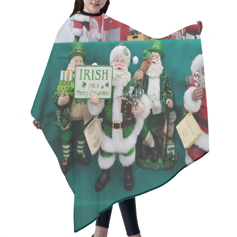 Personality  Irish Puppets Or Dolls Wish A Merry Christmas Dressed In Green In A Shop Hair Cutting Cape