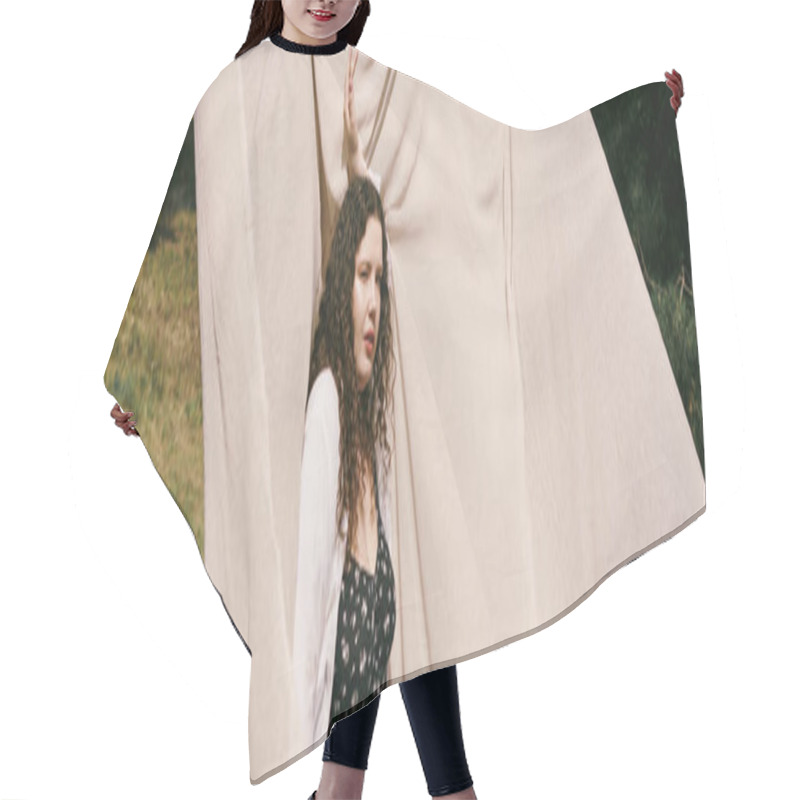 Personality  A Beautiful Plus Size Woman Stands Gracefully In A Vibrant Green Field, Embracing Nature. Hair Cutting Cape