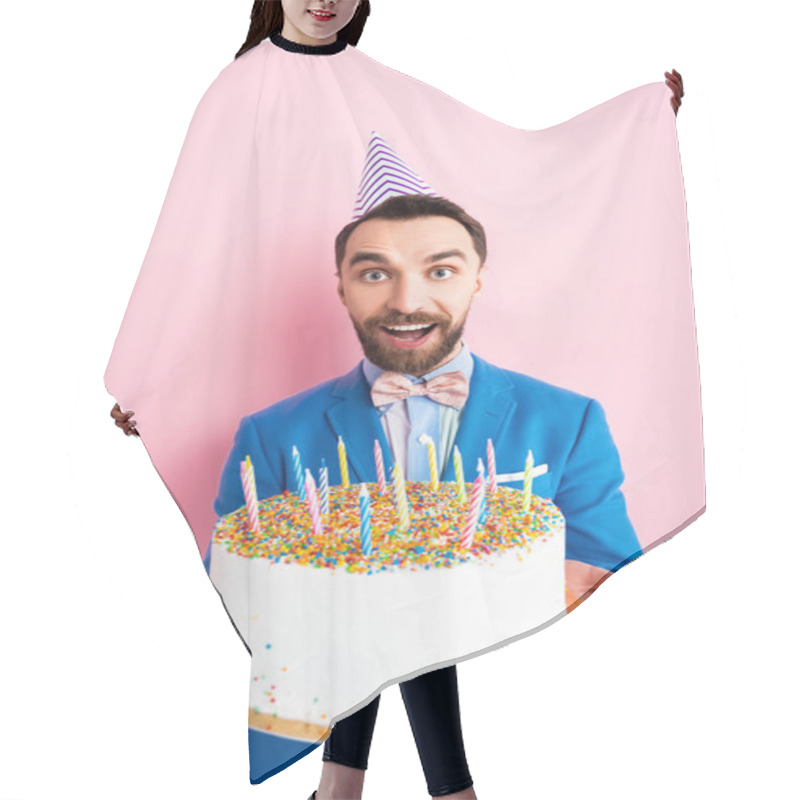 Personality  Happy Businessman In Party Cap Holding Birthday Cake With Candles On Pink  Hair Cutting Cape