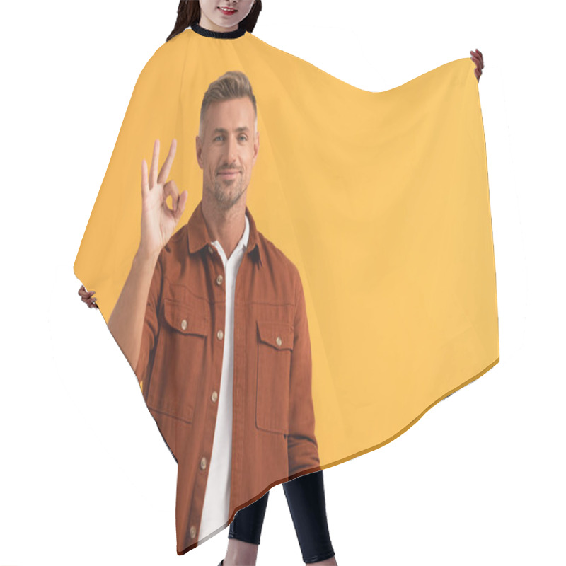 Personality  Cheerful Man Showing Ok Sign Isolated On Orange  Hair Cutting Cape