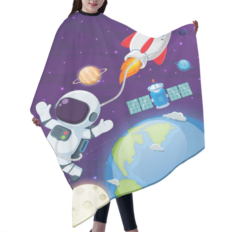 Personality  Vector Illustration Of Astronaut Flying With Rocket On Space Hair Cutting Cape