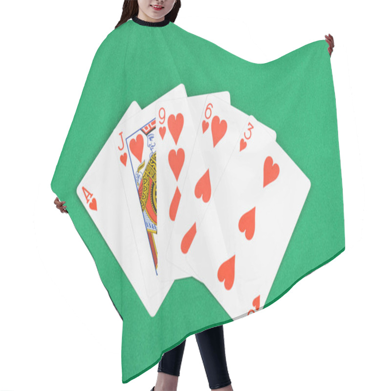 Personality  Top View Of Green Poker Table And Unfolded Playing Cards With Hearts Suit Hair Cutting Cape