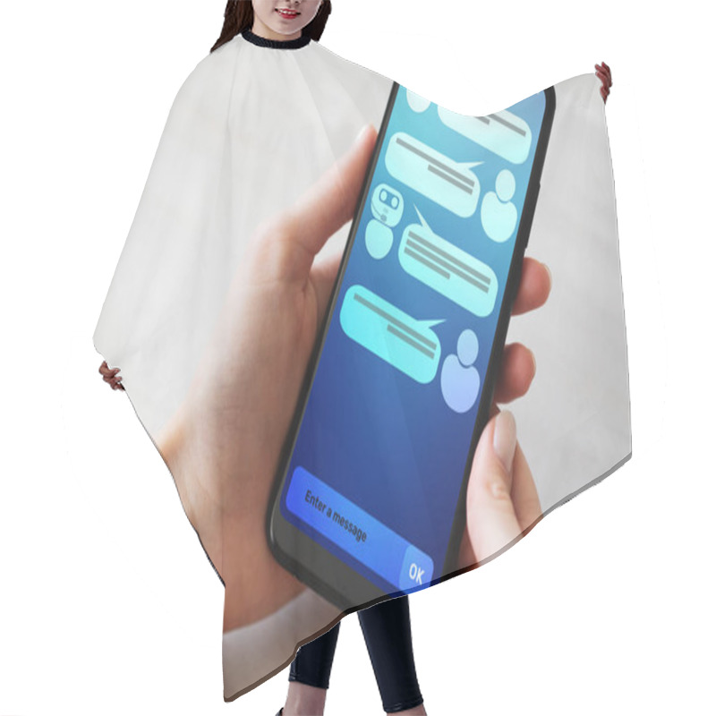 Personality  Customer And Chatbot Dialog On Smartphone Screen. AI. Artificial Intelligence And Service Automation Technology Concept. Hair Cutting Cape