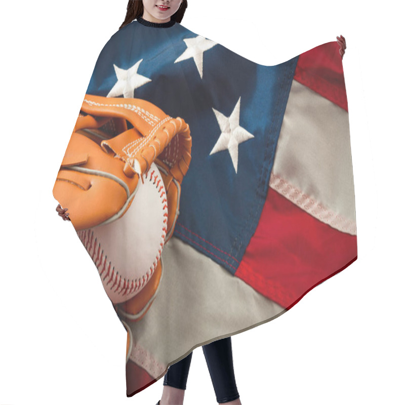 Personality  American Sports And College Athletics Concept With The USA Flag In The Background And Macro On A Vintage Baseball Glove Holding A Ball With Copy Space Hair Cutting Cape