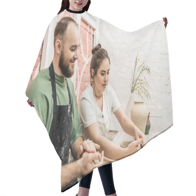 Personality  Craftswoman In Apron Talkig To Boyfriend And Shaping Clay Bowl In Ceramic Workshop Hair Cutting Cape