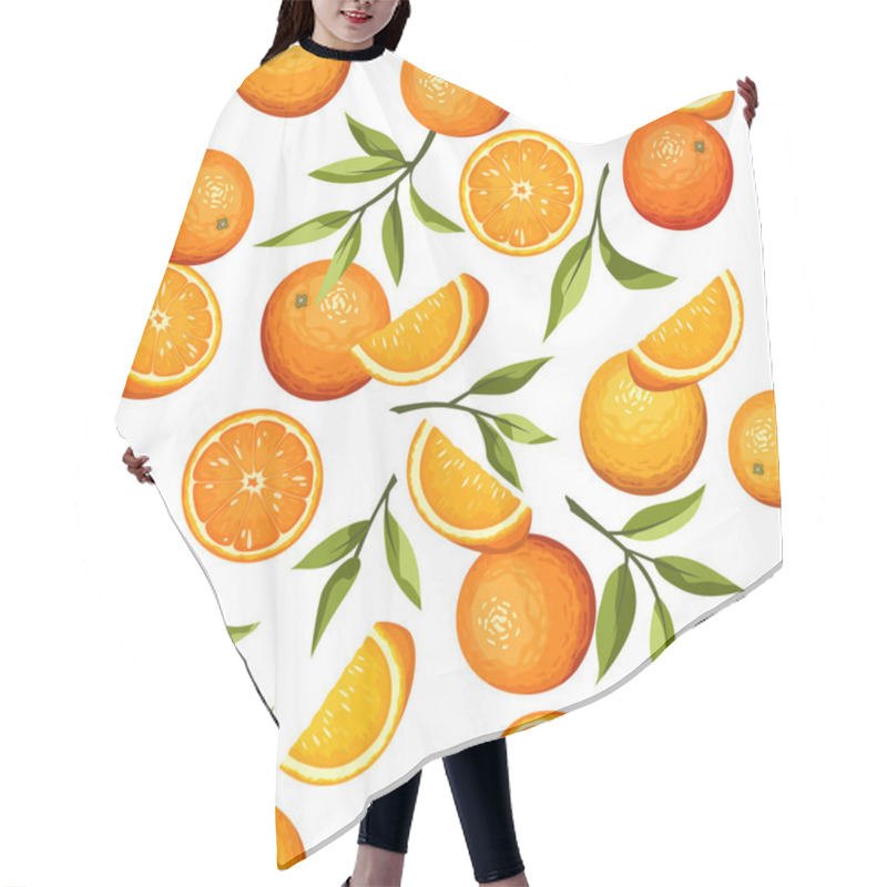 Personality  Vector Seamless Pattern With Citrus Orange Fruit And Green Leaves On A White Background. Hair Cutting Cape