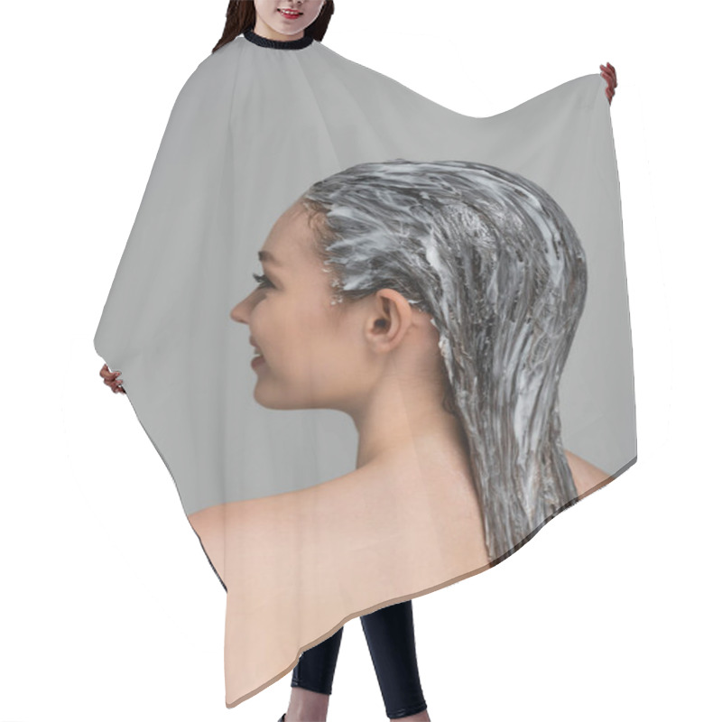 Personality  Cheerful Young Woman With Bare Shoulders And Mask On Wet Hair Isolated On Grey  Hair Cutting Cape