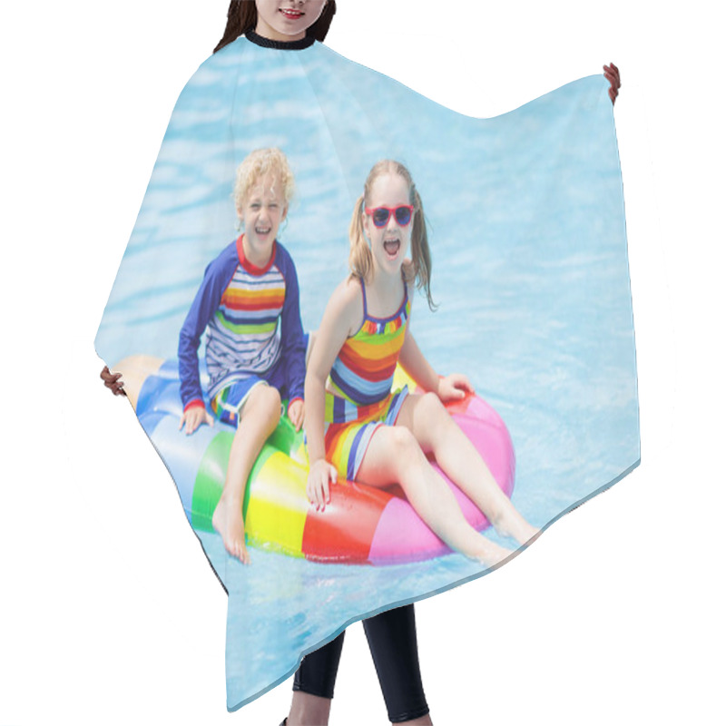 Personality  Kids On Inflatable Float In Swimming Pool.  Hair Cutting Cape