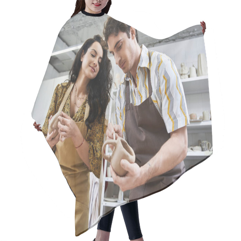 Personality  A Couple Joyfully Crafts Pottery In A Contemporary Art Studio. Hair Cutting Cape