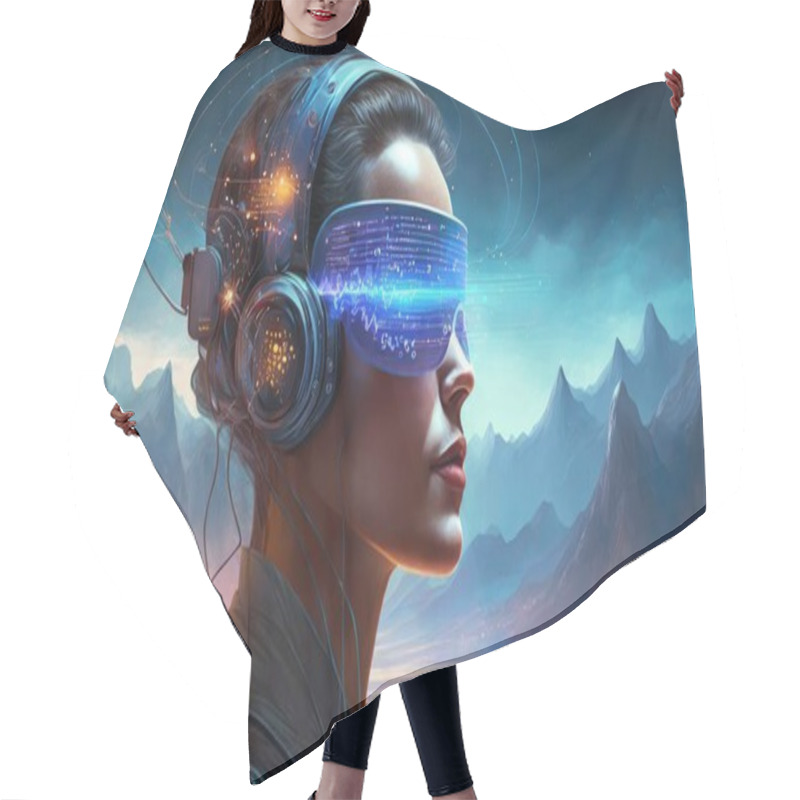 Personality  3 D Render Of Vr Headset With Woman In Space Hair Cutting Cape