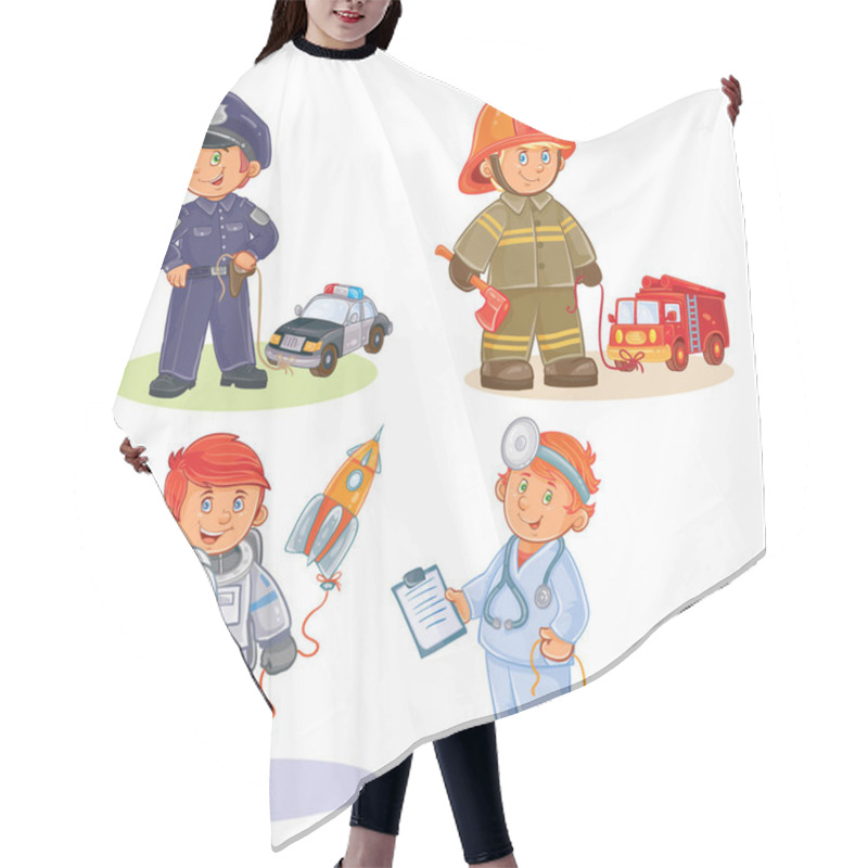 Personality  Set Icons Of Small Children Different Professions Hair Cutting Cape