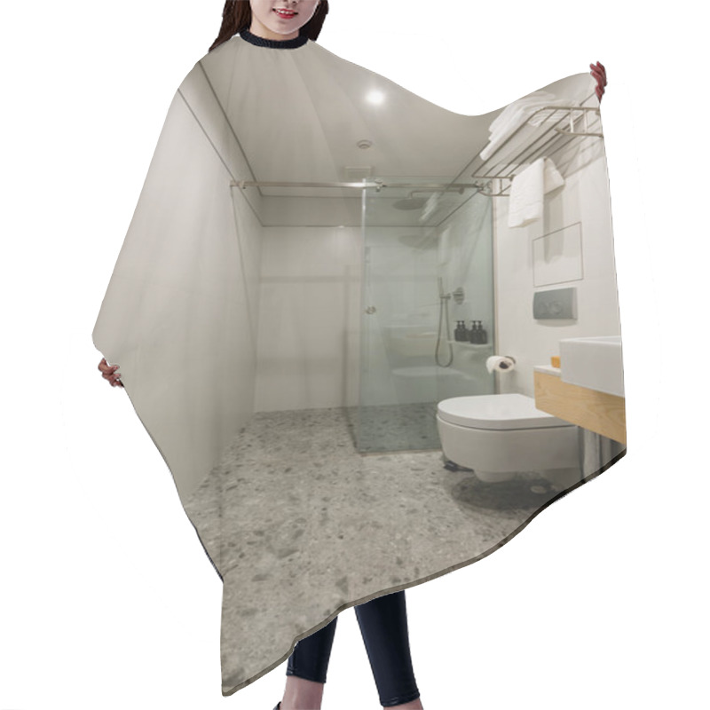 Personality  Interior Of Modern Bathroom With White Sink And Toilet   Hair Cutting Cape