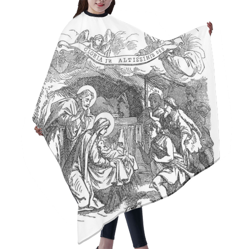 Personality  Vintage Drawing Of Biblical Story Of Shepherds Visiting Newborn Baby Jesus, Virgin Mary And Joseph In Bethlehem.Bible, New Testament, Luke 2 Hair Cutting Cape