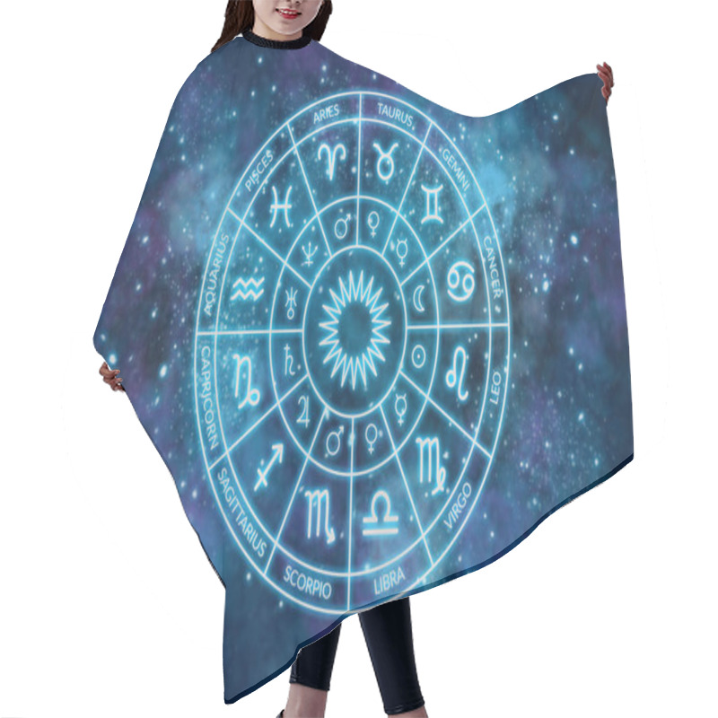 Personality  Zodiac Circle On The Background Of The Cosmos. Astrology. The Science Of Stars And Planets. Esoteric Knowledge. Ruler Planets. Twelve Signs Of The Zodiac Hair Cutting Cape