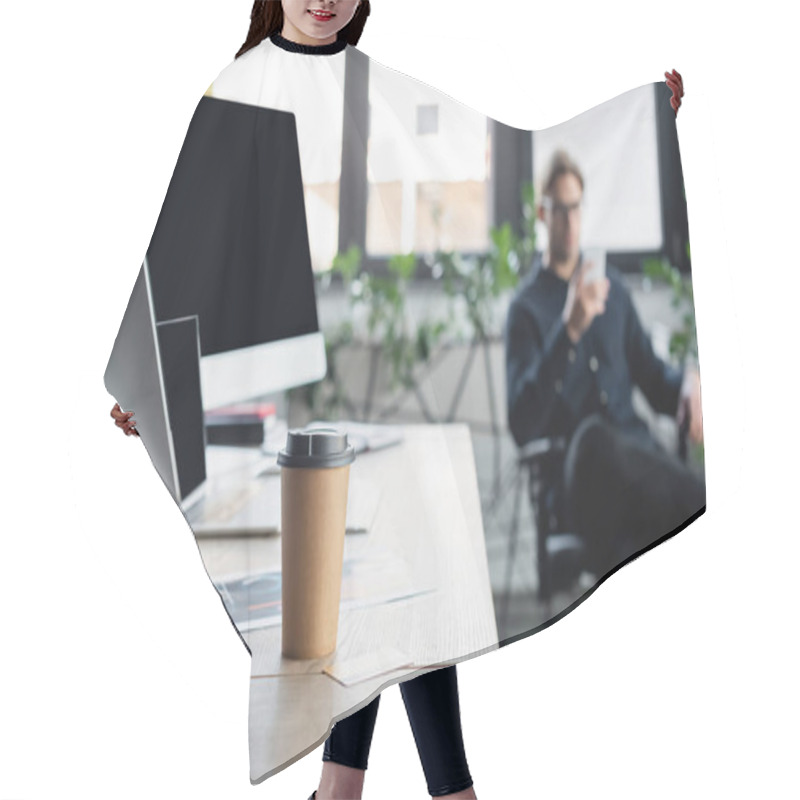 Personality  Coffee To Go Near Computers And Blurred Programmer In Office  Hair Cutting Cape