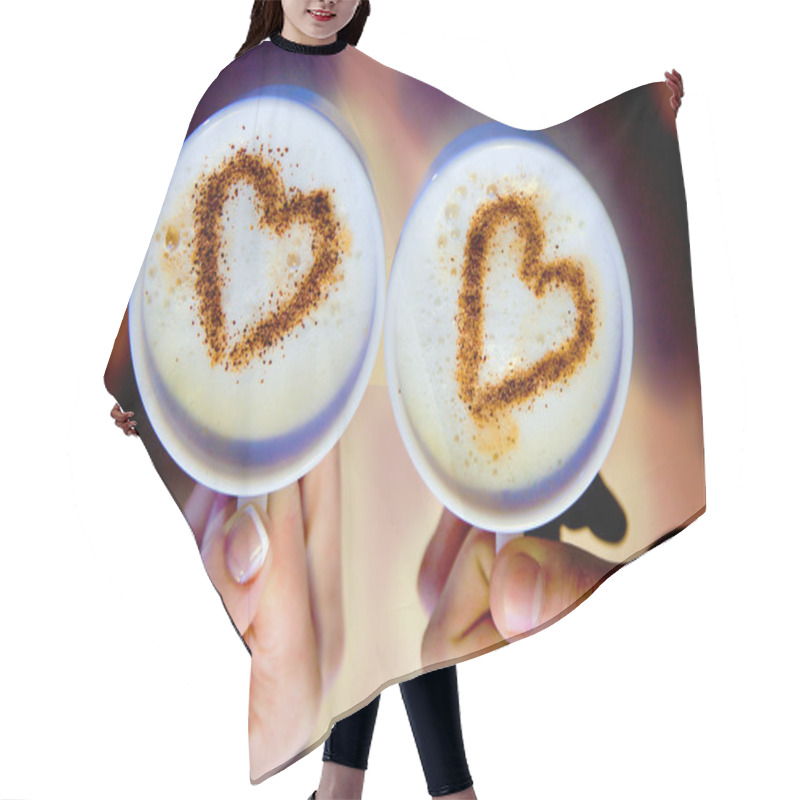 Personality  Goodmorning Cup Of Coffee. 2 Cups Of Coffee In Hand And Hearts Are Drawn On Coffee Foam. Hair Cutting Cape