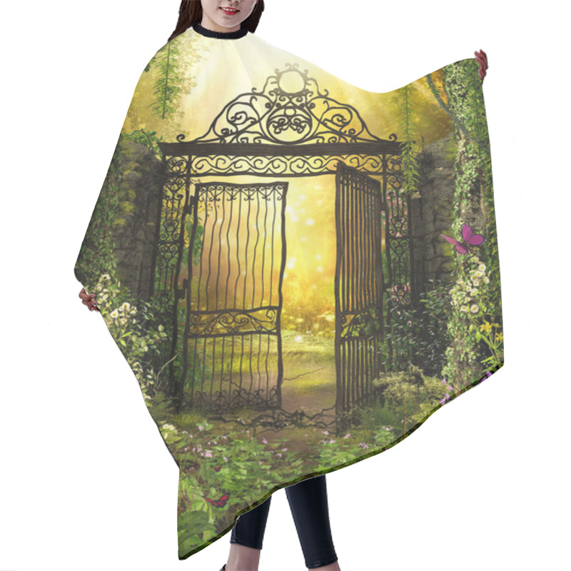 Personality  An Open Iron Gate Leads To An Enchanting Secret Garden Surrounded By Ivy Covered Trees, 3d Render. Hair Cutting Cape