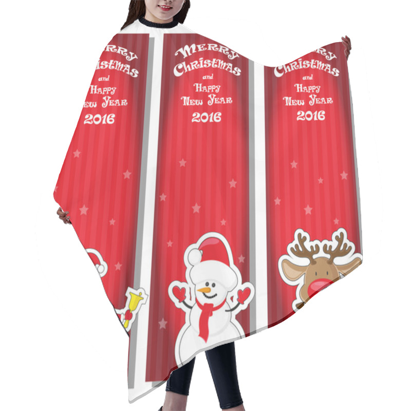 Personality  Set Vector Christmas Banner With Santa Claus, Snowman, Deer And Hand Drawn Text Merry Christmas And Happy New Year 2016 On Red Gradient Striped Background Hair Cutting Cape