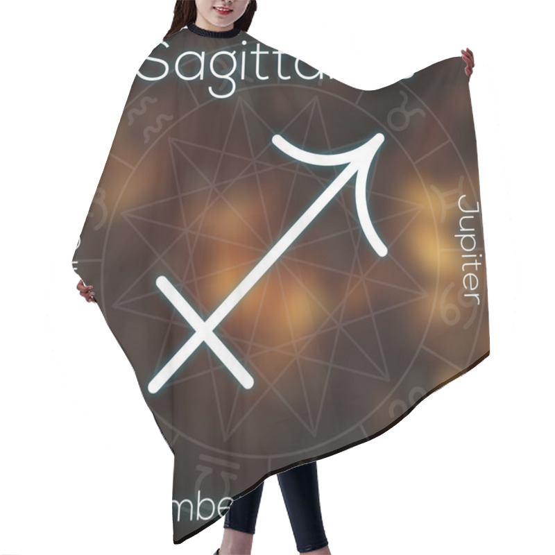 Personality  Zodiac Sign - Sagittarius. White Line Astrological Symbol With Caption, Dates, Planet And Element On Blurry Abstract Background With Astrology Chart. Hair Cutting Cape