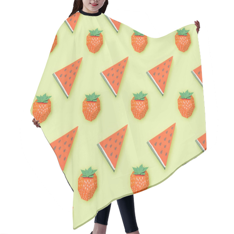 Personality  Top View Of Seamless Pattern With Handmade Paper Strawberries And Watermelon Slices Isolated On Green Hair Cutting Cape