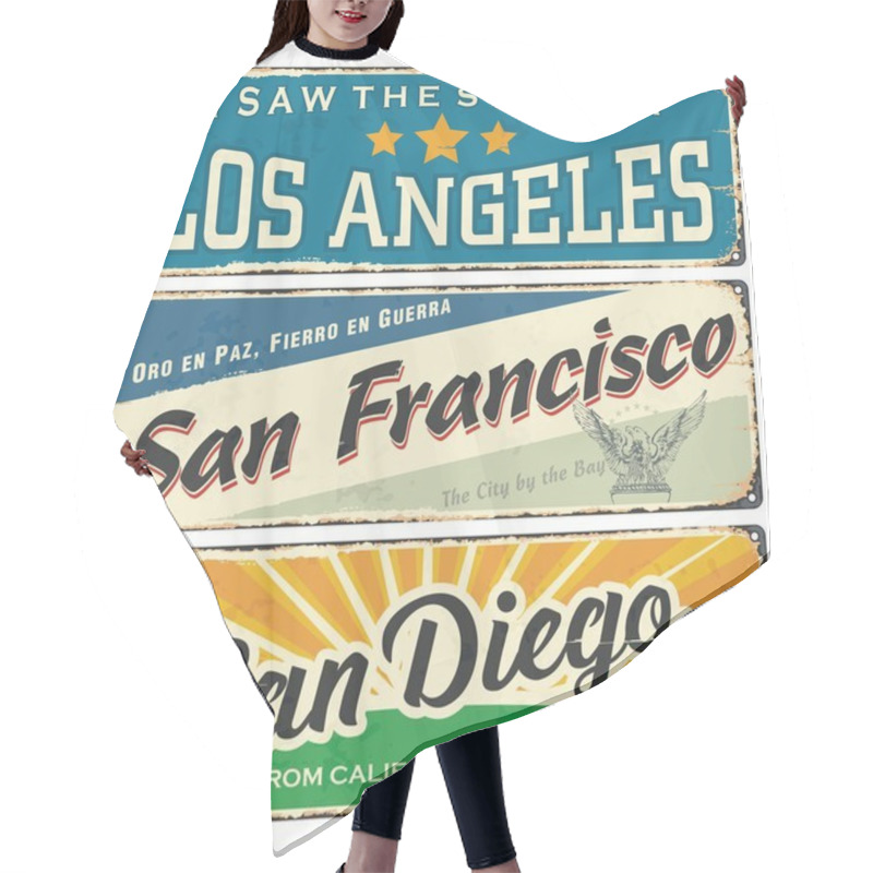 Personality  Vintage Tin Sign Collection With USA Cities. Los Angeles. San Francisco. San Diego. Retro Souvenirs Or Postcard Templates On Vintage Background. Vintage. Tin. Rust. America. Hair Cutting Cape