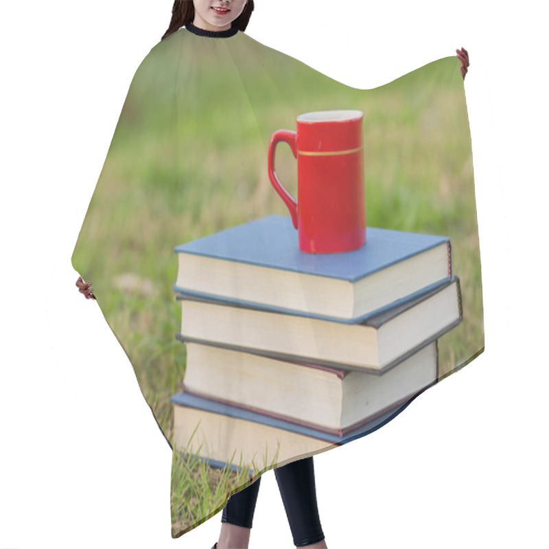 Personality  Pile Of Closed Book With Cup Of Coffee  Hair Cutting Cape