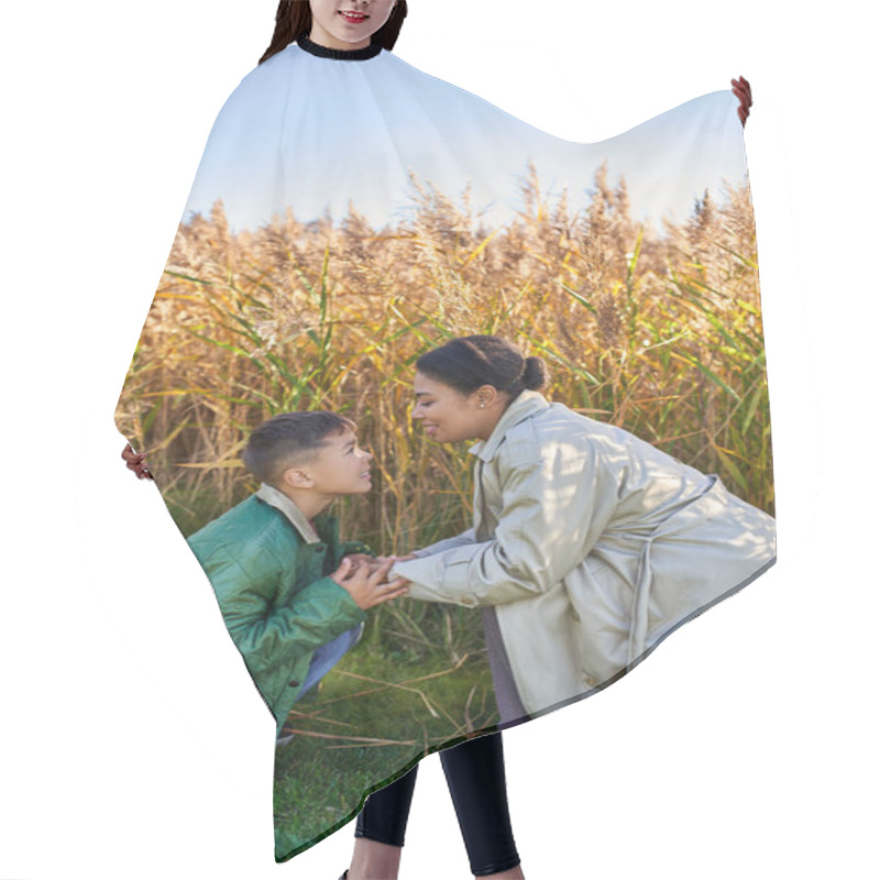 Personality  Motherly Love, African American Mother In Autumnal Clothes Holding Hands Of Son, Fall Season Hair Cutting Cape