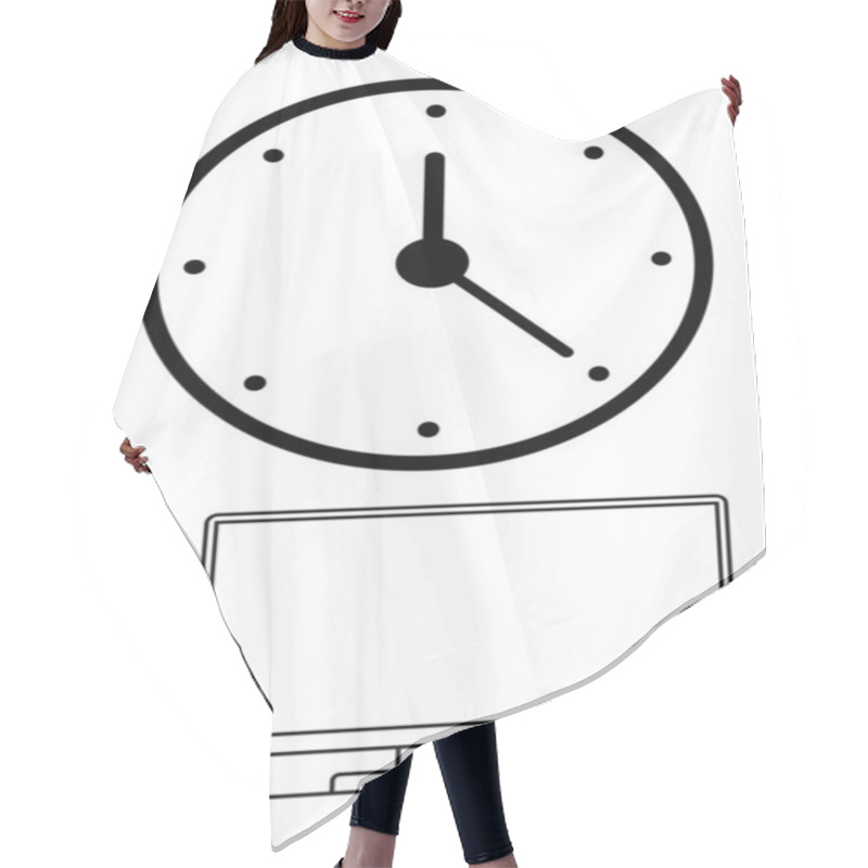 Personality  Analog Clock Showing Time, Desktop Computer Monitor, And Pen. Ideal For Office Settings, Time Management, Productivity, Scheduling, Workplace Organization Online Meetings Remote Work. Line Metaphor Hair Cutting Cape