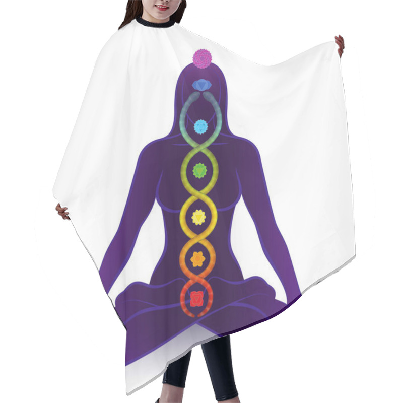 Personality  Kundalini Serpent And Chakras Of A Meditating Woman, Symbol For Spiritual Awakening, Healing Power And Balance, Celestial Harmony And Relaxation. Vector Illustration On White. Hair Cutting Cape