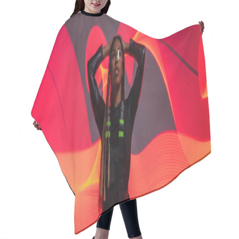 Personality  African American Woman In Smart Glasses Standing On Red Abstracted Background, Banner  Hair Cutting Cape