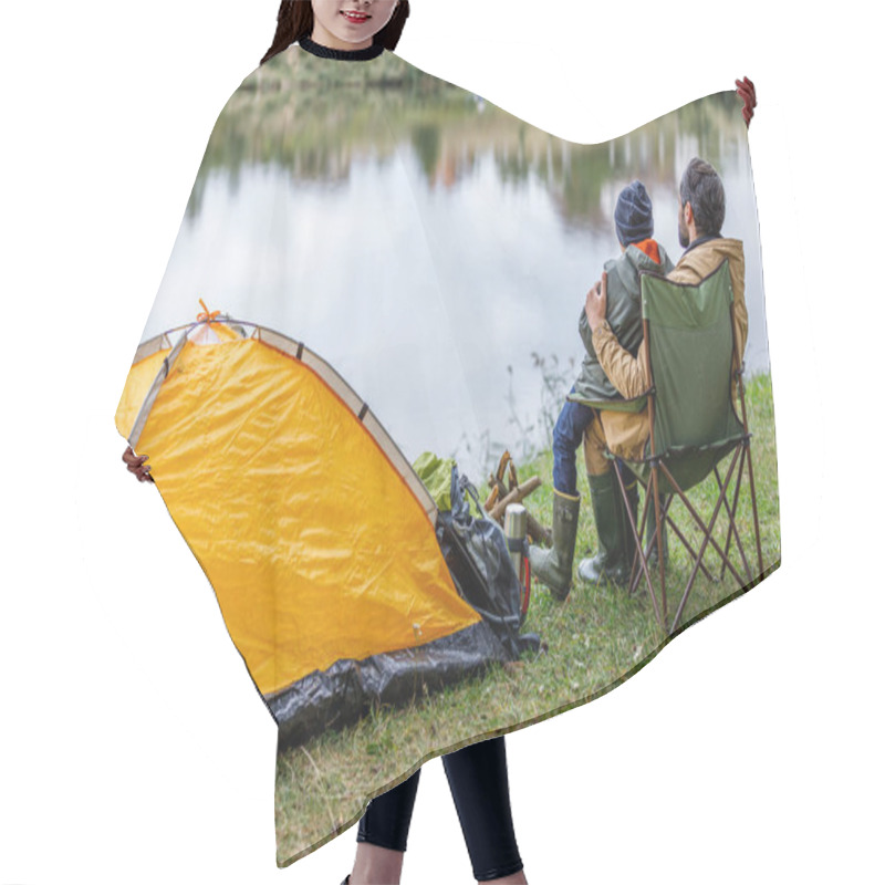 Personality  Father And Son Sitting At Tent Hair Cutting Cape