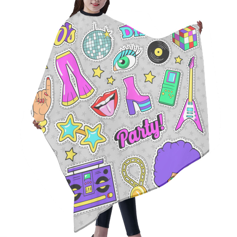 Personality  Disco Party Retro Fashion Elements With Guitar, Lips And Stars For Stickers, Patches, Badges. Vector Doodle Hair Cutting Cape