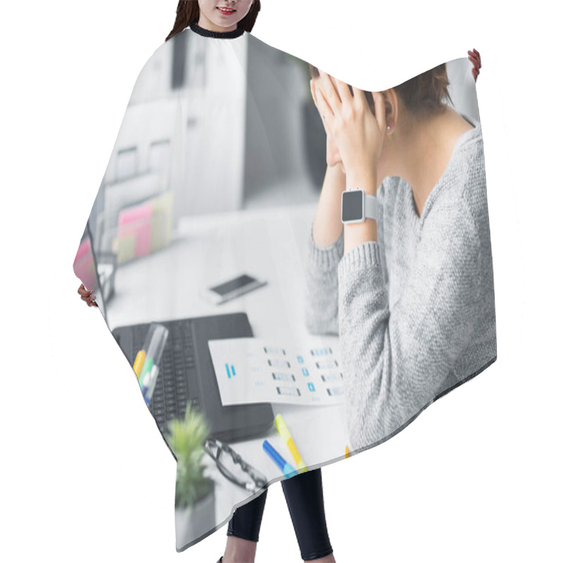 Personality  Stressed Web Designer With User Interface Layout Hair Cutting Cape