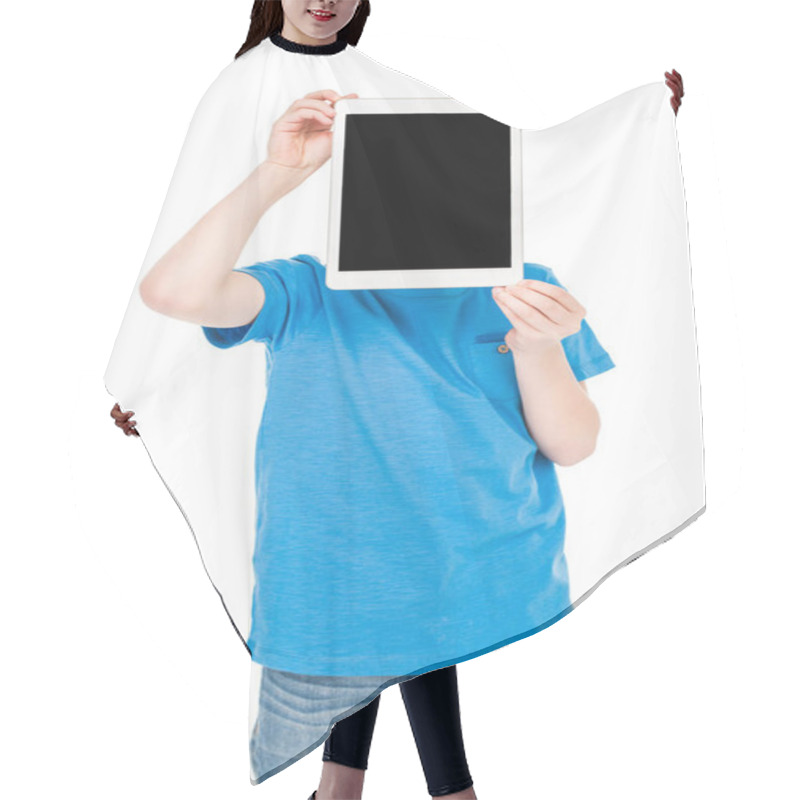 Personality  Boy Holding Digital Tablet Hair Cutting Cape