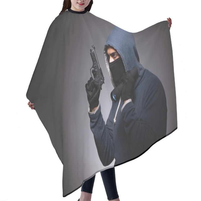 Personality  Young Gangster In Hood On Grey Background  Hair Cutting Cape