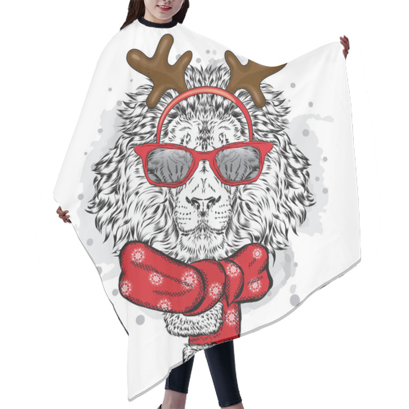 Personality  Lion In The New Year Costume. Leo With Horns In A Scarf And Sunglasses. Vector Illustration For A Card Or Poster. Christmas And New Year. Hair Cutting Cape