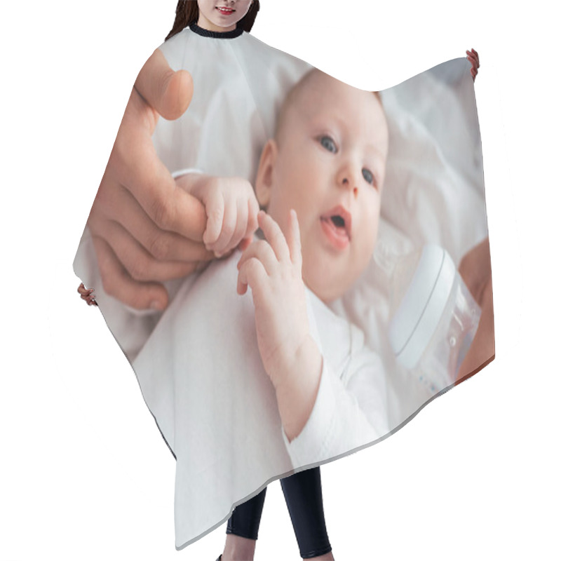 Personality  Cropped View Of Man Holding Baby Bottle With Milk Near Adorable Son Hair Cutting Cape