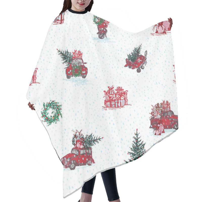 Personality  Vintage Seamless Merry Christmas Pattern In Hand Drawn Style On White Background. Gift Holiday Winter Line Icon Hair Cutting Cape