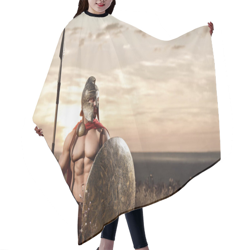 Personality  Strong Spartan Warrior In Battle Dress With A Shield And A Spear Hair Cutting Cape