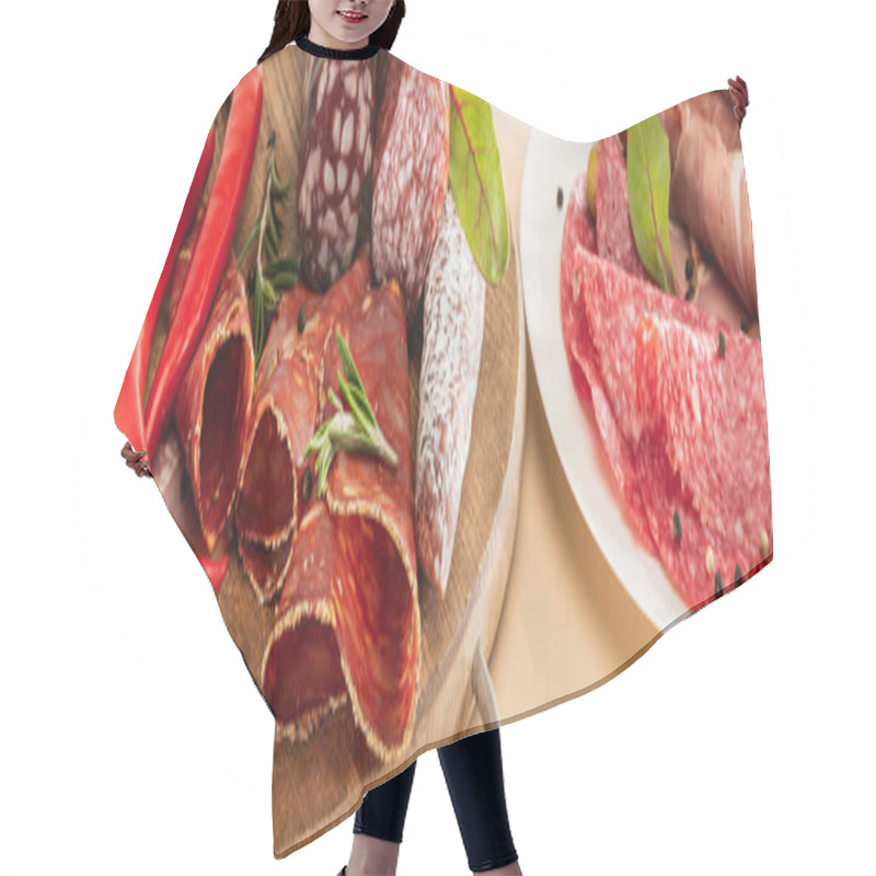 Personality  Delicious Meat Platters Served With Olives, Spices On Plate And Wooden Board On Beige Background, Panoramic Shot Hair Cutting Cape