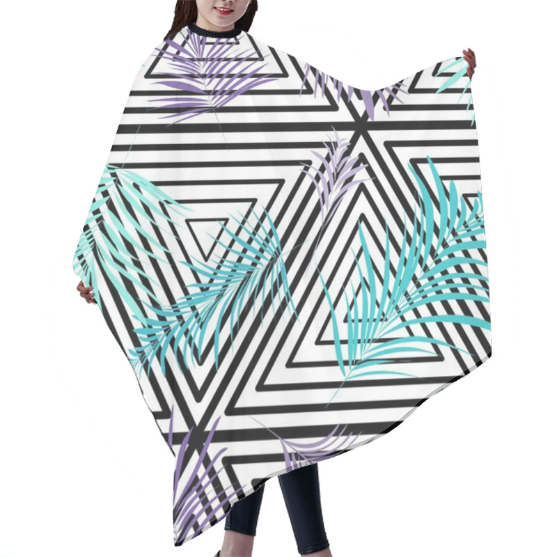 Personality  Vector Palm Leaves On Monochrome Triangle Background. Repetition Botanical Pattern. Blue Purple Texture Hair Cutting Cape