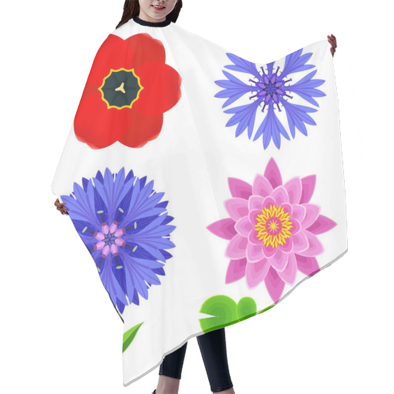 Personality  Set Of Flowers Tulip, Lotus, Cornflower Isolated Over White Hair Cutting Cape